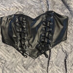 SHEIN Black Faux Leather Lace-Up Corset